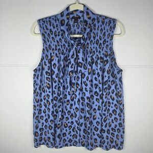 Ann Taylor Leopard Print Tie Neck Blouse M Blue Smocked Sleeveless Top